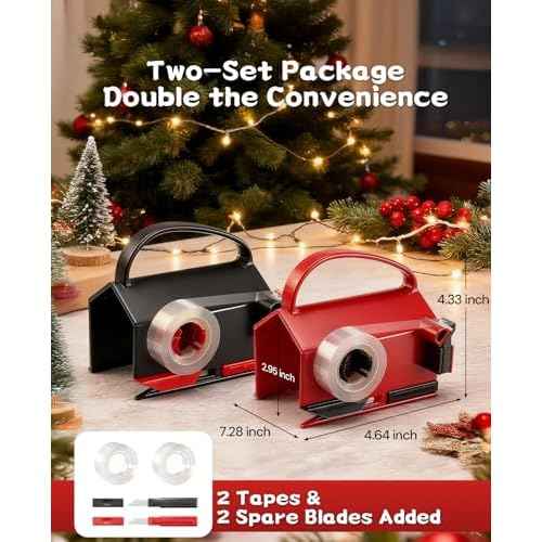2 Pack Wrapping Paper Cutter & Tape Dispenser Dual Use, Gift Wrap Cutter Tool for Rolls Paper with 4 Tapes & 2 Replace Blades Kit for Christmas Birthday, Easy Cut for Present Wrapping