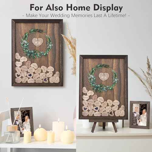 Aodaer Wedding Guest Book Alternative Drop Top Frame Heart Drop Wood Guest Book with Stand 122 Wooden Hearts Pens Box Mini Blackboard Rustic Wedding Decorations for Reception Baby Shower, Brown