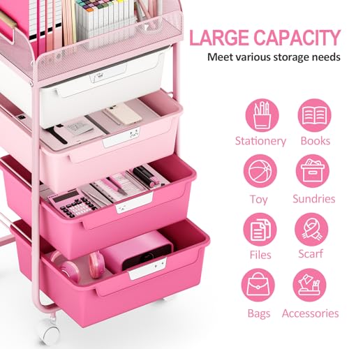 Rose Pink 4-Drawer Rolling Storage Cart with Mesh Top - Gradient Pink