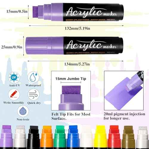 10 Graffiti Jumbo Acrylic Markers,15mm Jumbo Felt Tip Poster Paint Pens Acrylic painting Pen for Whiteboard Window Paint Glass Plastic Wood Rock and Metal Graffiti