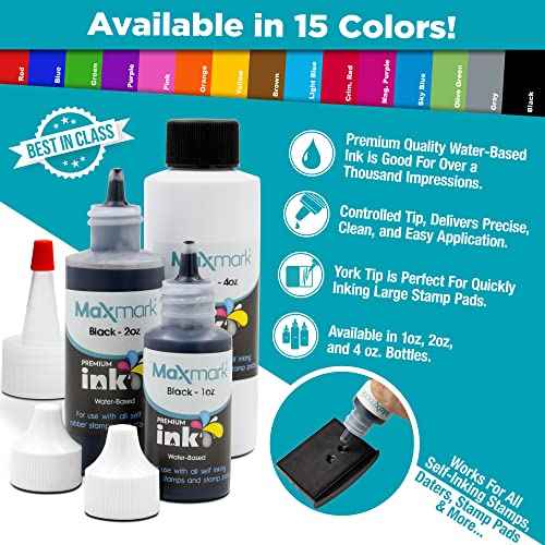 MaxMark Premium Refill Ink with Control Tip Bottle for Self-Inking Stamps, Black Color - 2 oz.