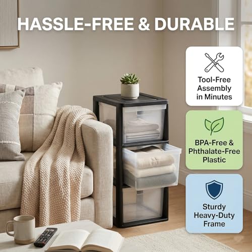 Black 3-Drawer Plastic Storage Tower Organizer with Clear Removable Bins