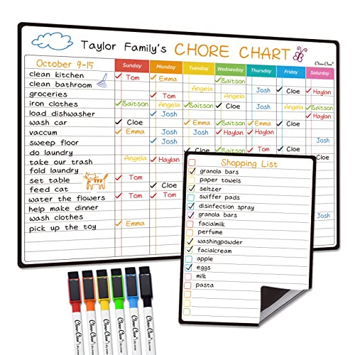 Clever Clean Magnetic Dry Erase Chore Chart & List Board Set - Kids, Teens & Adults - 14.5x11 Inches with Markers - Chore+List Variation