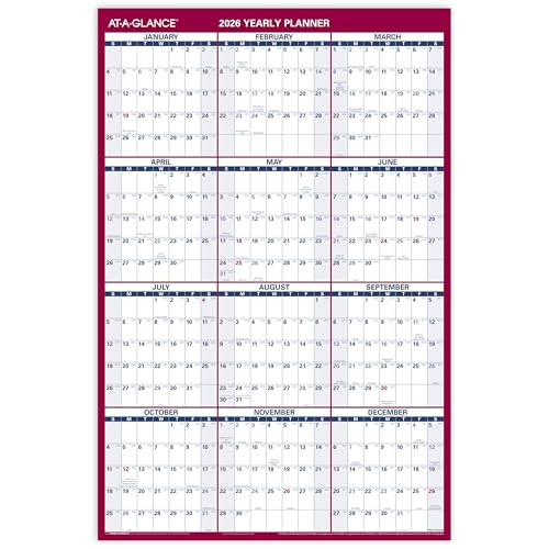 AT-A-GLANCE 2026 Erasable Calendar, Dry Erase Wall Planner, 36" x 24", Large, Vertical/Horizontal, Reversible, Includes Marker (PM262826)