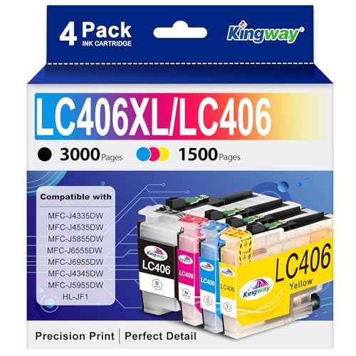 KINGWAY LC406XL LC406 Ink Cartridges for Brother Printer Replacement for Brother LC406 Ink Cartridges for MFC-J4335DW MFC-J4535DW MFC-J5855DW MFC-J6555DW MFC-J6955DW MFC-J4345DW HL-JF1 Printer