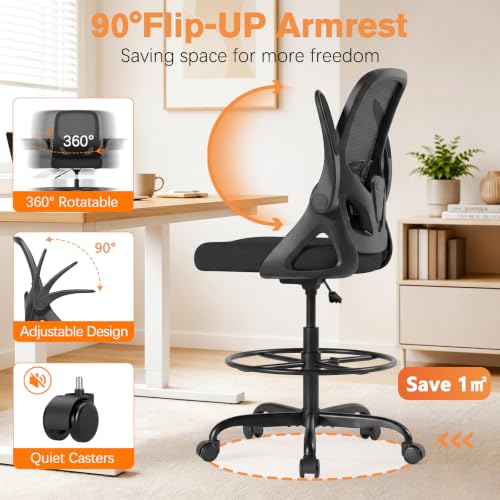 ORRSAKER Drafting Chair Tall Office Chair with Flip-Up Arms – Adjustable Ergonomic Mesh Chair, 300 lb Capacity, Black (O355-S)