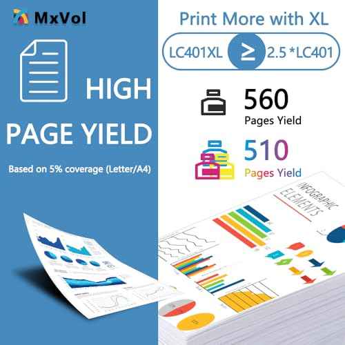 MxVol LC401XL Compatible Ink Cartridges Replacement for Brother LC401 LC-401XL LC-401 High Yield for MFC-J1010DW MFC-J1170DW MFC-J1800DW MFC-J1012DW Printer Ink (2-Black Cyan Magenta Yellow, 5-Pack)