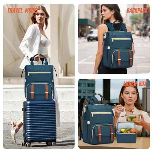 Lunch Backpack, 15.6 Inch Laptop Backpack with USB Port, Stylish Nurse, Teacher and Work Bag with Insulated Cooler Lunch Box for Women, Blue