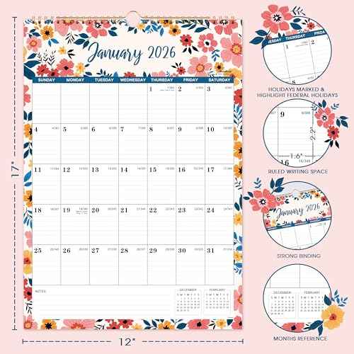 2026 Wall Calendar - Jan 2026 - Dec 2026, 12 Months Hanging Monthly Calendar 2026 Vertical, 17" x 12", Twin-Wire Binding, Julian Date, Large Block, Notes, Thick Paper, Perfect for Organizing