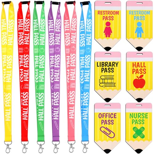 Classroom Hall Passes with Lanyards - 6 Pack, Wooden & Colorful Polyester Straps