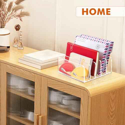 BEYGORM Acrylic Mail Holder, Clear Multifunction Desk Organizer with Divider, Vertical Letter Sorter for Desktop, 5 Compartments Modern Office Home Envelope Organizer for Bill, Document, Notebook