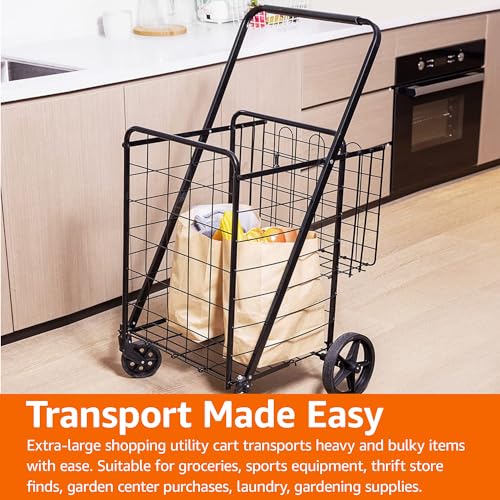 Large Foldable Utility Shopping Cart with 360° Swivel Wheels - Heavy Duty Metal, Extra Large Black