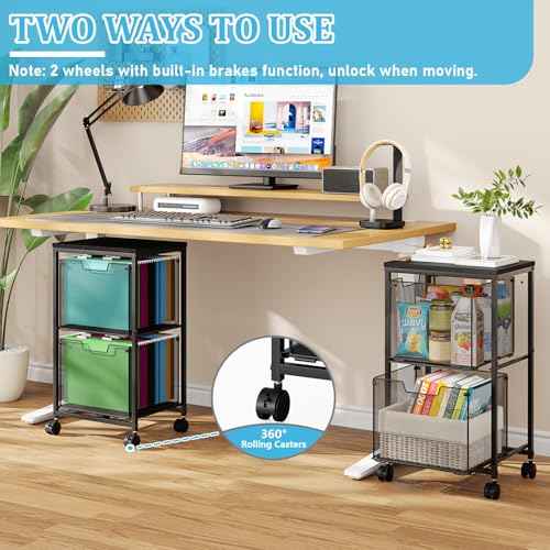 Rolling File Cart with 2 Storage Drawers, Under Desk Storage, Hanging File Folder Organizer with Wheels, Printer Stand Utility Craft Cart Filing Cabinet for Home Office,Black