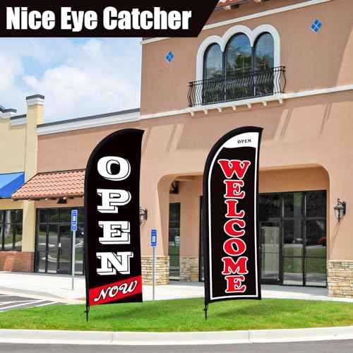 Buryeah 2 Sets Now Open Flag Banner for Business Advertising 7 ft Feather Flag Sign with Flagpole Ground Stake Portable Bag(Black)