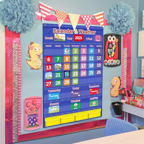 Blue Classroom Calendar Pocket Chart for Kids - Monthly Weather Seasons Learning Chart with 113 Cards | Teacher Must Haves for Kindergarten, Preschool, Homeschool | Interactive Educational Wall Chart