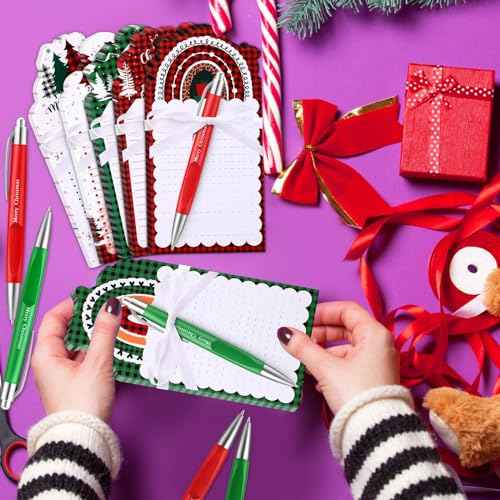 Zhanmai 96 Pcs Christmas Sticky Notes with Ballpoint Pens and Ribbons Christmas Themed Gifts Cute Plaid Design Die Cut Memo Note Pad Red Green Ballpoint Pen for School Office Home Present