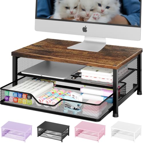 OPNICE Brown 14x9.1x5.6 Inch Monitor Stand Riser with Drawer, Desk Organizer
