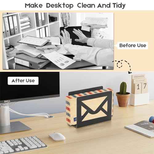 Desktop Metal Mail Holder,Modern Black Letter Organizer for Desk with Cutout Envelope Design,Home and Office Envelope and Document Storage Rack (Black)
