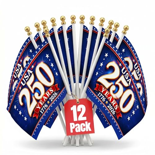 250th Anniversary USA Map Mini Flags 12 Pack Royal Blue & Red 5x8in - Hand Held Parade Flags