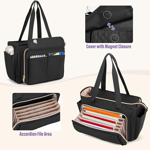 LUXJA Teacher Bag with Accordion File Area and Laptop Sleeve, Teacher Tote Bag for Women (Patent Pending), Black