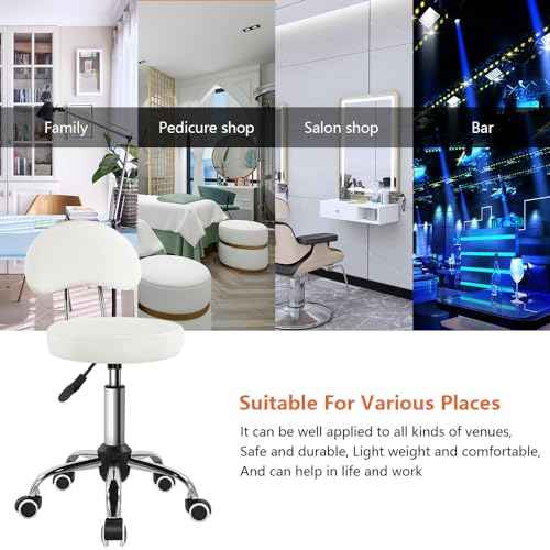 KKTONER Rolling Stool with Mid Back Height Adjustable Chair PU Leather Swivel Chair with Wheels for Office Home Task Drafting (White)