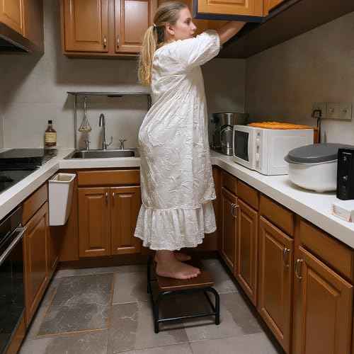 Heavy Duty Step Stool 500 lbs - Small Step Stool Wood, Dual Anti-Slip Metal Frame, Cute Sturdy Senior/Kids Stool for Kitchen/Bedside/Bathroom (Black, One-Step)