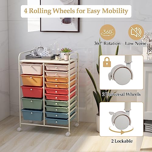 HAPPYGRILL Macaroon Colorful 15-Drawer Rolling Cart with Removable Drawers, Steel Frame, Lockable Wheels