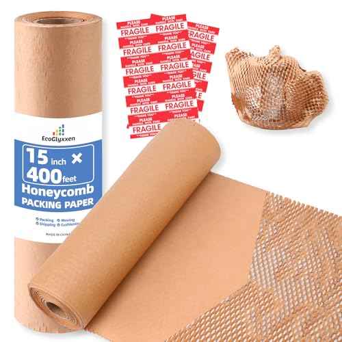 Honeycomb Packing Paper 15"x400' - Bubble Wrap Eco-Friendly Alternative, Recyclable Cushioning Material for Shipping, Moving & Small Business Packing Supplies with 20 Fragile Sticker Labels