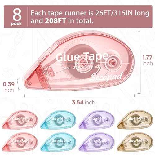 8 Pack Scrapbook Tape, Double Sided Tape for Crafts, Adhesive Glue Runner for Scrapbooking Journaling Supplies, Glue Roller for Kids and Adults School Office Teacher Supplies, 0.3IN x 26FT