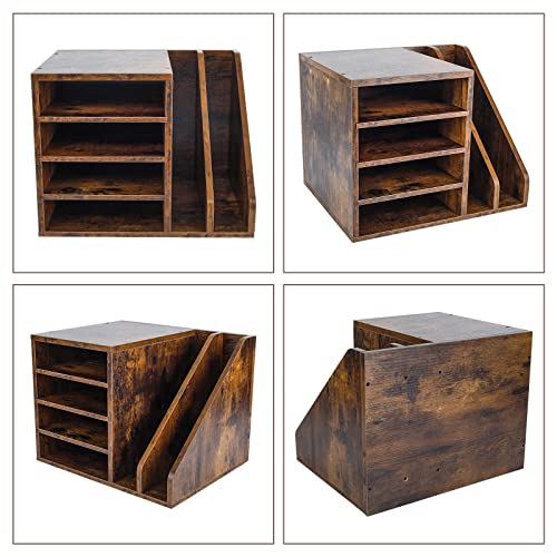 PAG Wood Desktop File Holder Organizer Mail Sorter for File Folders, Mails, Envelopes, Mailing Supplies or Magazines, Brown