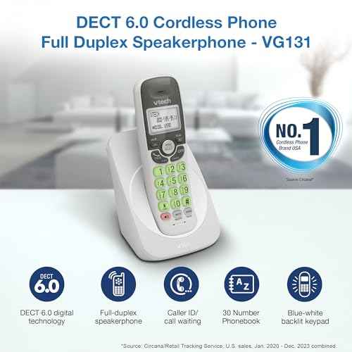 VTech Cordless Phone with DECT 6.0, Full-Duplex Speakerphone, Lighted Display, Backlit Keypad, Caller ID/Call Waiting, Volume Control, Hearing Aid Compatible, Wall Mount | VG131 (White)