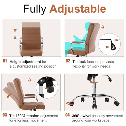 Bowthy Brown Leather Office Desk Chair - High Back Swivel Executive Chair with Adjustable Height & Armrests