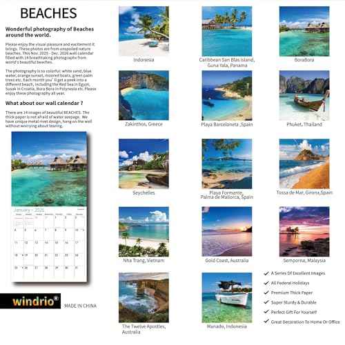 2026 Wall Calendar,Calendar 2026, November 2025 - December 2026, Wall Calendar BEACHES, 12" x 24" Opened,Full Page Months Thick & Sturdy Paper for Calendar Organizing & Planning