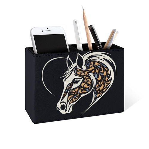 Buyidec Pen Holder Pencil Holder for Desk Horse's Head Heart Art PU Leather Pens Pencils Holder Cup Desktop Desk Pencil Pen Organizer Makeup Brush Holder for Office School Home