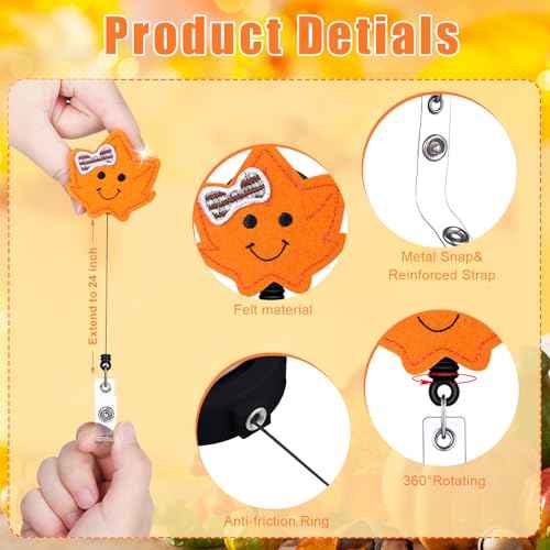 Zhanmai 48 Pcs Thanksgiving Reels Felt Retractable Fall Badge Reels with Clip Cute Squirrel Turkey Pumpkin Maple Leaves Holiday Themed Badge Holders Gift for Nurse Doctor Students School Office