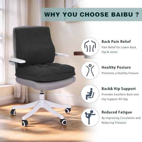 baibu Seat Cushion & Lumbar Support Pillow Set for Office Chair, Dual-Layer Patent Design Memory Foam Office Chair Cushion & Ergonomic Back Support Pillow for Wheelchair, Car Seat, Gaming Chair, Black