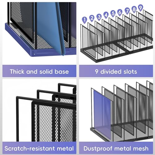 9-Section Desk File Organizer, Vertical File Holder, Mesh Desktop File Folder Metal File Organizer Stand for Office Home Classroom, Black, 2 Pack
