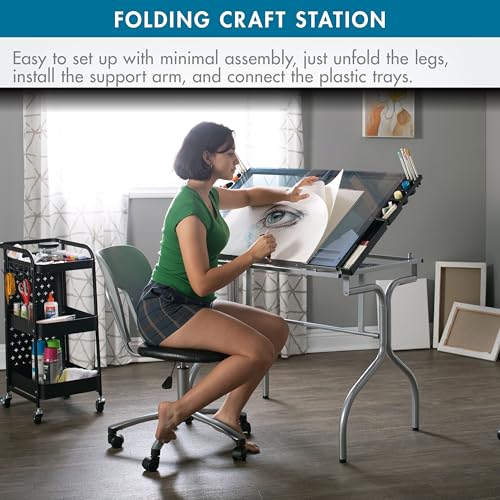 Studio Designs Folding Modern Glass Top Adjustable Drafting Table Craft Table Drawing Desk Hobby Table Writing Desk Studio Desk, 35.25" W x 23.75" D, Silver/Blue Glass