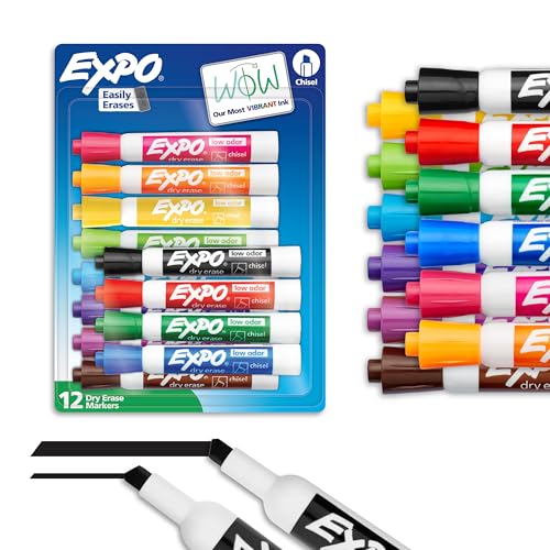 EXPO 12 Pack Assorted Dry Erase Markers with Low Odor Ink & Chisel Tips