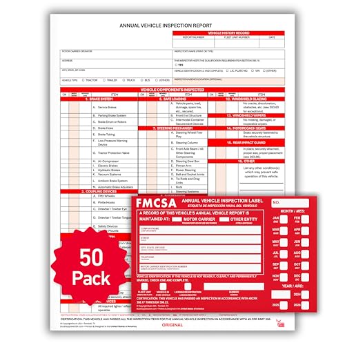 50 Pack 3-Ply Carbonless Annual Vehicle Inspection Report Forms with FMCSA Red Aluminum Adhesive Labels, DOT Inspection Forms and Stickers, Shrink-Wrapped, 8.5" x 11.75" - Made in USA
