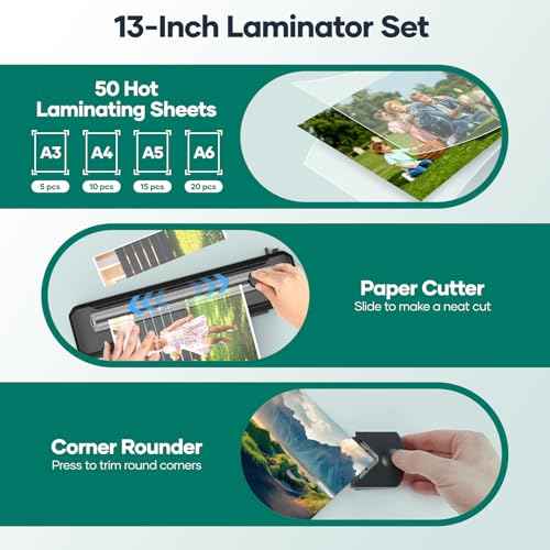 Laminator Machine A3 with 50 Laminating Sheets, Laminator Thermal and Cold with Paper Trimmer Corner Rounder, High-Speed Jam-Free, Low-Noise 13-Inch Laminating Machine(Black)