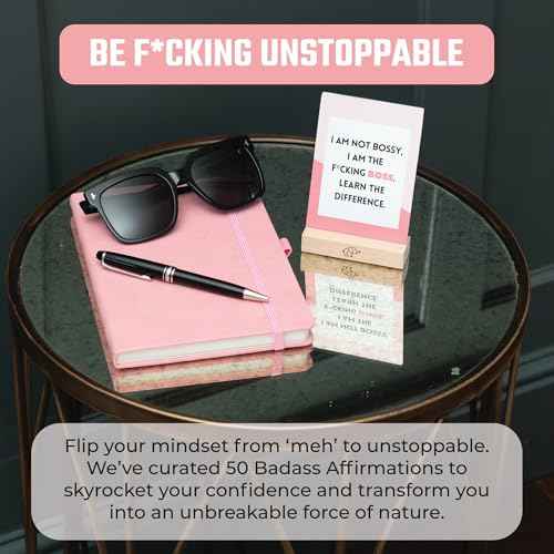 Badass Affirmation Card for Women - 50 Funny, Sweary Affirmation Cards in Tin Box with Wooden Stand - Motivational & Inspirational Gifts - Unique Birthday Gifts for Women, Best Friend, Sister