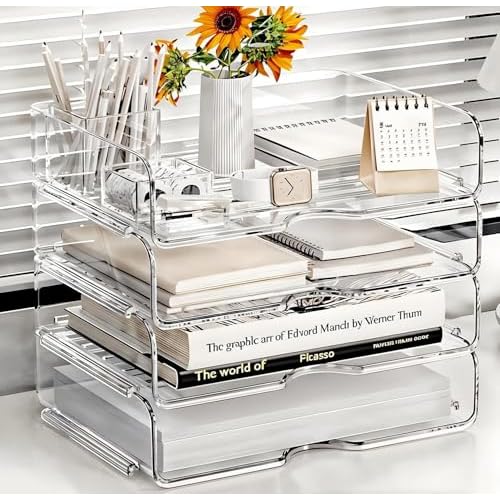 Large Capacity Desk Organizer, 4 Tier Paper Organizer, File Organizer for Desk, Stackable Paper Tray for Office, Home and School