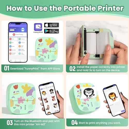 Mini Portable Sticker Printer, Mini Thermal Printer with 3 Rolls Paper, Bluetooth Inkless Printpods, Pocket Label Maker Suitable for Kids Creative DIY, Diaries, Photos, Study Notes-Green