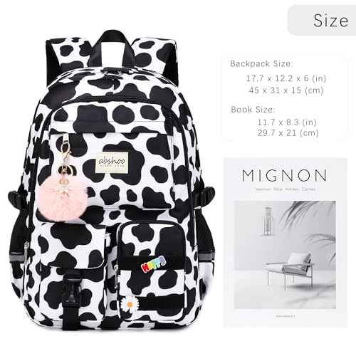abshoo Big Student Laptop Backpack For College Women Middle High School Teen Girls Bookbag Travel Daypack (Cow Print Black)