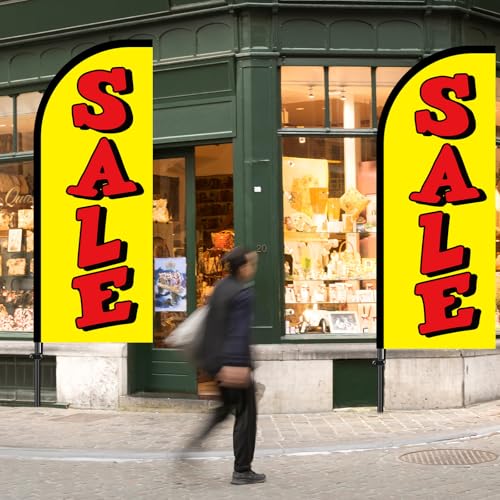 2 Sets Sale Themed Swooper Flag with Storage Bag Flagpole Kit and Ground Stake, 7 ft Sale Banner Feather Flag for Retail Store Business Advertising (Yellow, White)