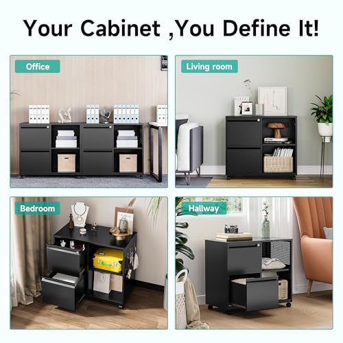 SISESOL Black 2-Drawer Metal File Cabinet with Lock & Shelves, Mobile Office Organizer, Fits Legal/Letter/A4 Sizes