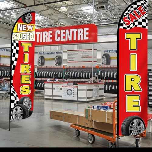 2 Pack 12 Feet Tire Sale King Flags New and Use Tires Shop Feather Flags for Businesses Highly Visible Weatherproof Polyester Banner Sale Advertising Sign No Flagpole Include(Fashionable)