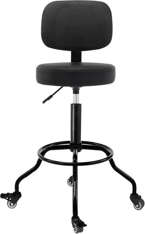 Heavy Duty Shop Stool | Ergonomic Backrest, Lockable Wheels & Adjustable Height, 350lbs Capacity (Black, 26"-31")