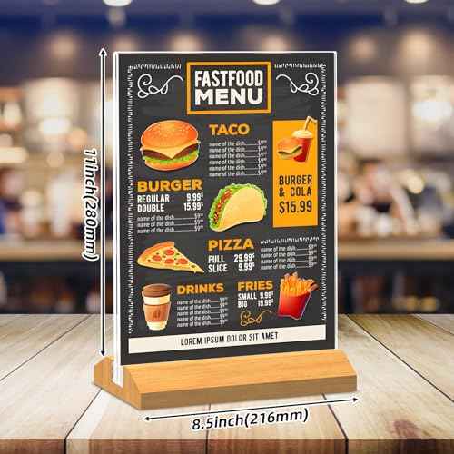 Acrylic Sign Holder 8.5 x 11 Inch 3 Pack, Wood Base Paper Stand for Menu Flyer Display, Table Top Clear Plastic Picture Frame for Stores, Restaurants, Hotels, Office, Farmers Market Show Fair Decor.